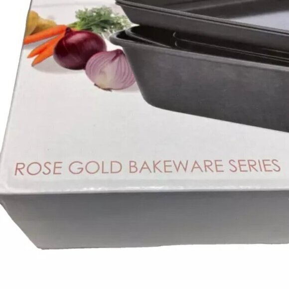 Delta 8 Piece Nonstick Stackable Bakeware Set Matte Black Rose Gold Trim NIB - Picture 9 of 13